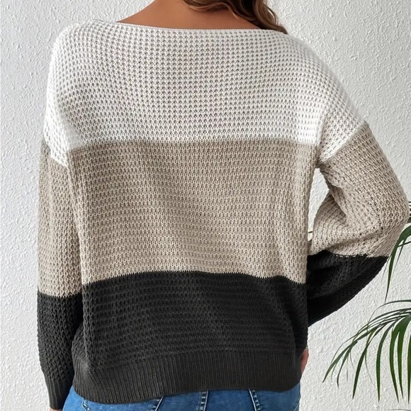 NWOT Color Block Boat Neck Pullover, Casual Long Sleeve Drop Shoulder Sweater - Picture 3 of 3